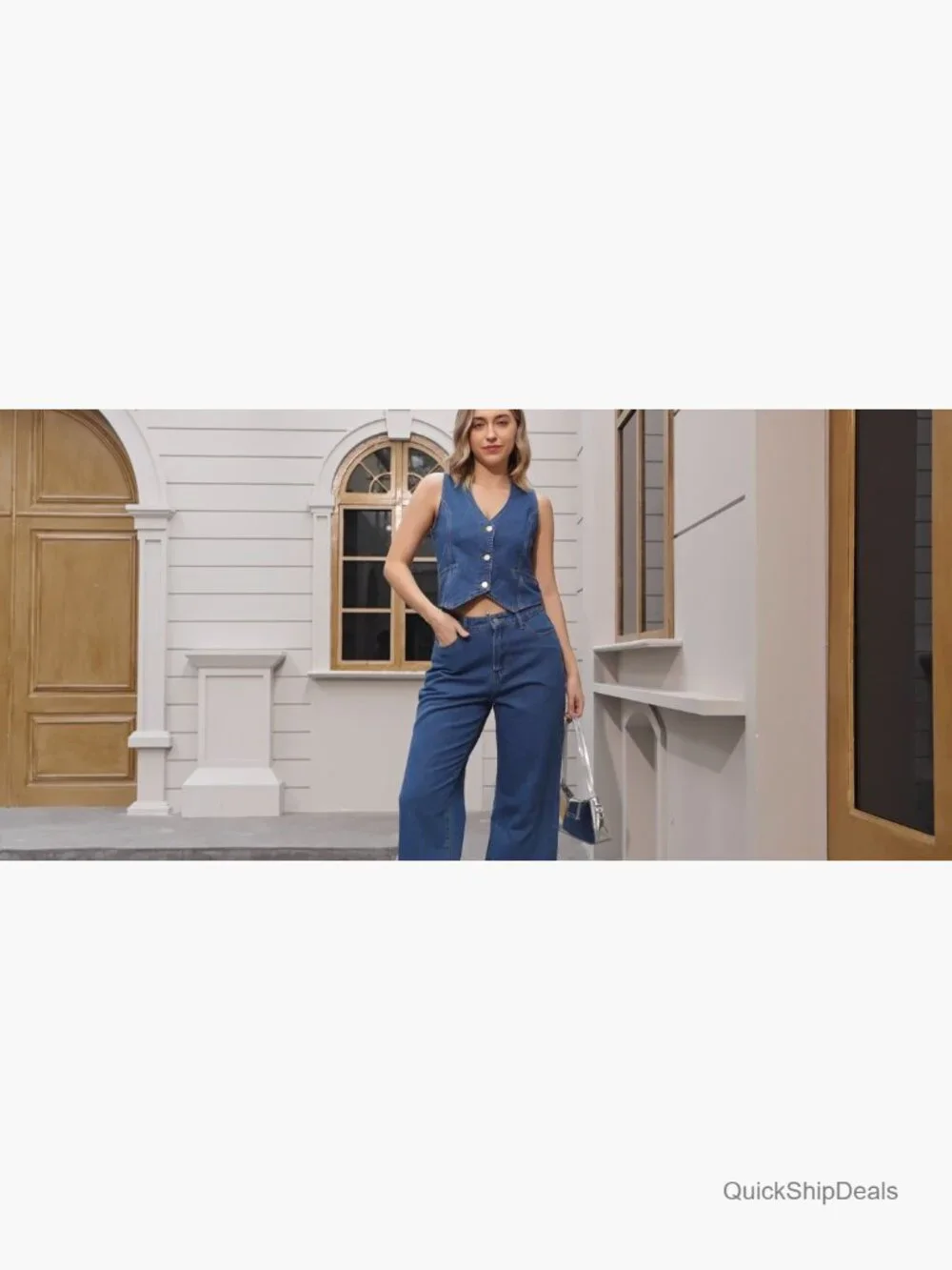 Denim 2 Piece Outfit Sleeveless Vest Wide Leg Jeans Matching Set